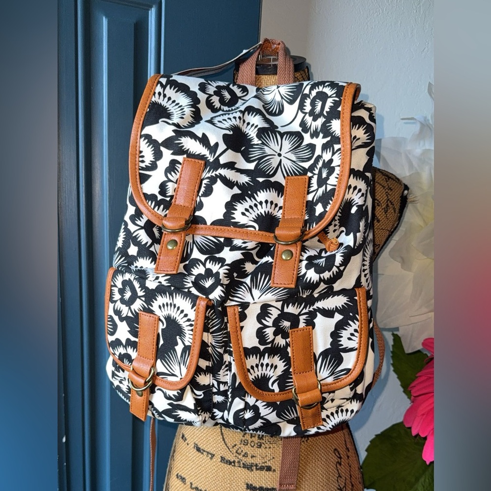 Floral Black and White Backpack with Tan Accents